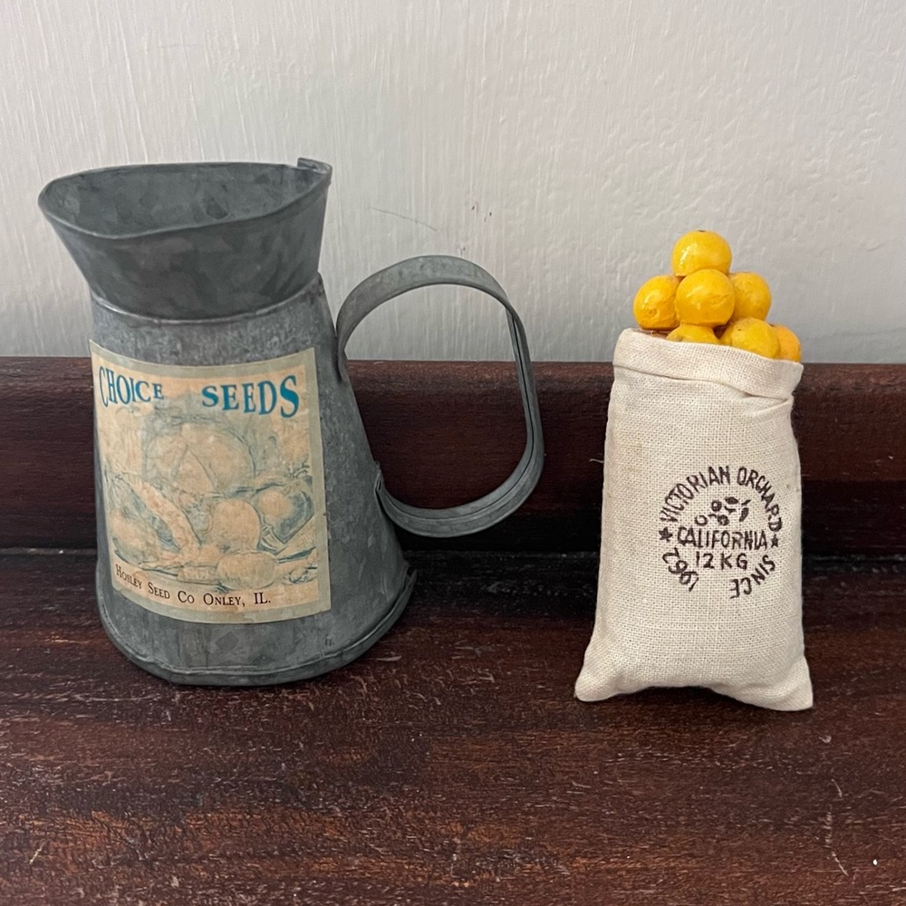2 Vintage Kitchen Magnets  Metal Pitcher Seed Label - Bag of Fruit